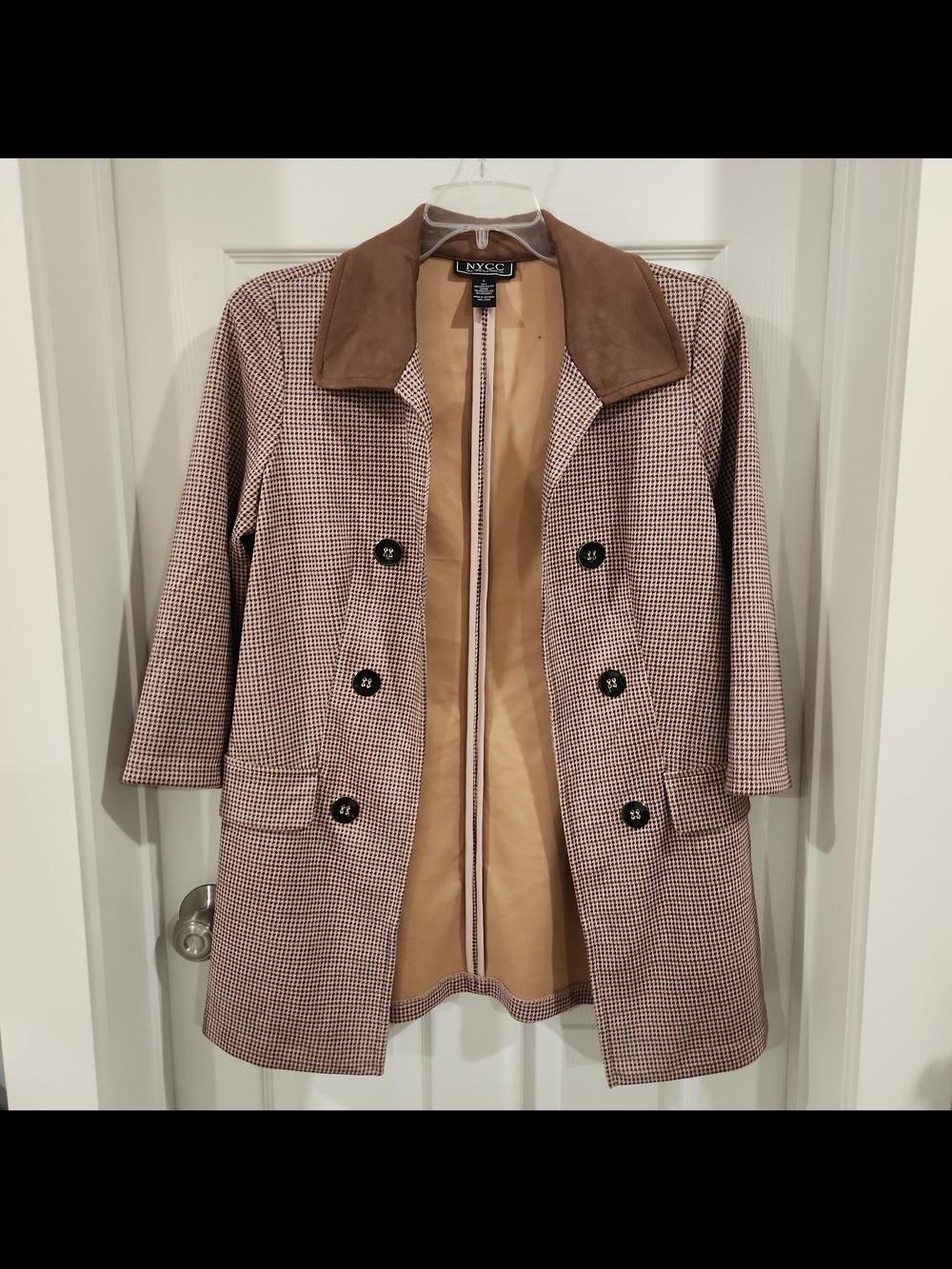 NYCC Houndstooth Blazer Open Front Jacket Faux Suede Collar L 3/4 Sleeve EUC